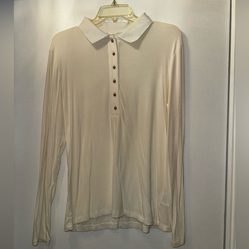 H&M Cream Long-Sleeve Polo with Button Placket